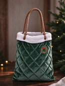 Women's Christmas Green Holly Print Quilted Velvet Tote Bag