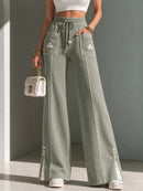 Women's Sage Green Floral Print Drawstring High Waist Long Pants
