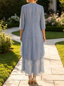 Women's Dusty Blue Floral Print Round Neck 3/4 Sleeve Two Piece Maxi Dress