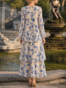 Women's White Blue Floral Print Round Neck Long Sleeve Maxi Dress