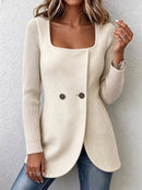 Women's Off White Double Button Square Neck Long Sleeve Jacket
