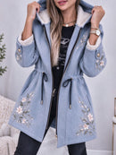 Women's Floral Print Fleece Lined Hooded Zip Up Drawstring Waist Long Sleeve Coat