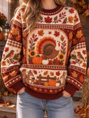Women's Thanksgiving Cream Burgundy Turkey Maple Leaf Squirrel Print Round Neck Long Sleeve Sweater