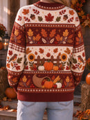 Women's Thanksgiving Cream Burgundy Turkey Maple Leaf Squirrel Print Round Neck Long Sleeve Sweater