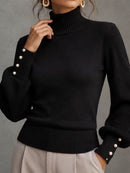 Women's Black High Neck Puff Long Sleeve Sweater