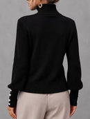 Women's Black High Neck Puff Long Sleeve Sweater