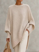 Women's Apricot Irregular Hem Round Neck Lantern Long Sleeve Sweater