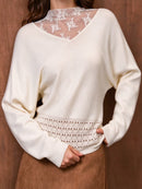 Women's White Floral Lace Splicing V Neck Long Sleeve Sweater