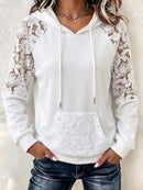 Women's White Floral Lace Splicing Hooded Long Sleeve Hoodie
