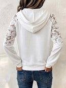 Women's White Floral Lace Splicing Hooded Long Sleeve Hoodie