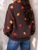 Women's Thanksgiving Dark Brown Turkey Maple Leaf Print Round Neck Long Sleeve Sweatshirt