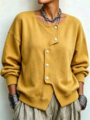 Women's Mustard Irregular Button Round Neck Long Sleeve Sweatshirt