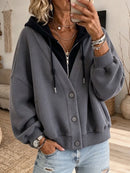 Women's Gray Contrast Hooded Button Long Sleeve Hoodie