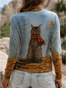 Women's Blue Cat Scarf Autumn Leaf Tree Print Round Neck Long Sleeve Top