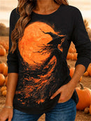 Women's Halloween Black Witch Orange Moon Print Round Neck Long Sleeve Top