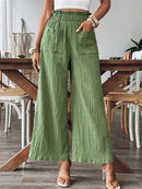 Women's Green Textured Crinkle Elastic Waist Wide Leg Long Pants