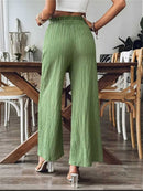 Women's Green Textured Crinkle Elastic Waist Wide Leg Long Pants