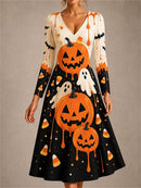 Women's Halloween White Black Pumpkin Ghost Candy Print V Neck Long Sleeve Midi Dress