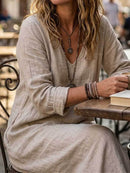 Women's Beige Solid V Neck Short Sleeve Maxi Linen Dress