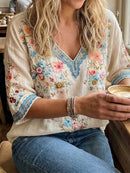 Women's Off White Floral Embroidered Lace V Neck 3/4 Sleeve Blouse