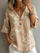 Women's Khaki Leaf Print V Neck 3/4 Sleeve Blouse