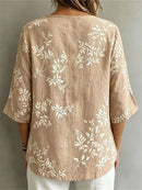 Women's Khaki Leaf Print V Neck 3/4 Sleeve Blouse