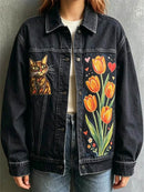 Women's Dark Blue Cat Floral Point Collar Denim Jacket