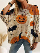 Women's Halloween Multi Pumpkin Bat Round Neck Long Sleeve Sweater