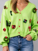 Women's Christmas Green Bow V Neck Long Sleeve Cardigan
