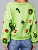Women's Christmas Green Bow V Neck Long Sleeve Cardigan