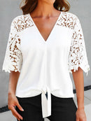 White Casual V-Neck Lace Half Sleeve Blouse