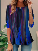 Abstract Print 3/4 Sleeve Round Neck Women's Casual Loose Blouse