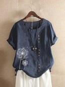 Cotton Short Sleeve Women's Top with Dandelion Print & Buttons