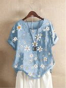 Summer Daisy Print Casual Short Sleeve Relaxed Blouse for Women