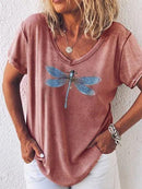 Casual V-Neck Dragonfly Print Short Sleeve Tee for Women