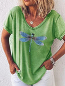 Casual V-Neck Dragonfly Print Short Sleeve Tee for Women