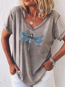 Casual V-Neck Dragonfly Print Short Sleeve Tee for Women