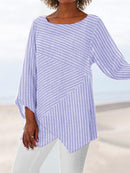 Casual Striped Asymmetric Hem Relaxed Long Sleeve Top for Women