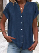 V Neck Plain Buttoned Short Sleeve Blouse