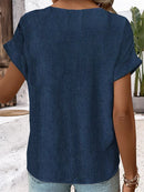 V Neck Plain Buttoned Short Sleeve Blouse