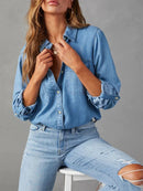 Long Sleeve Spring Collar Denim Abstract Regular Loose Blouse