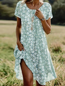 Casual Comfy Crew Neck Floral Print Short Sleeve Dress