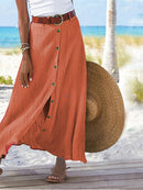 Women's Solid Straight Fashion Split Button Maxi High Waist Skirt