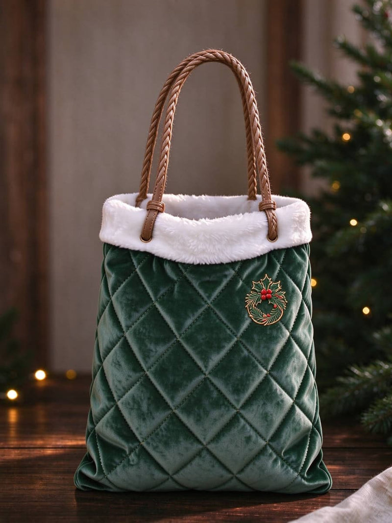 Women's Christmas Green Holly Print Quilted Velvet Tote Bag