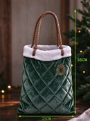 Women's Christmas Green Holly Print Quilted Velvet Tote Bag