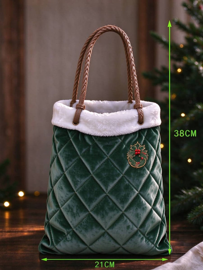 Women's Christmas Green Holly Print Quilted Velvet Tote Bag