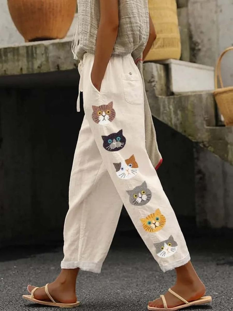 Women's White Cat Print Elastic Waist Cropped Pants