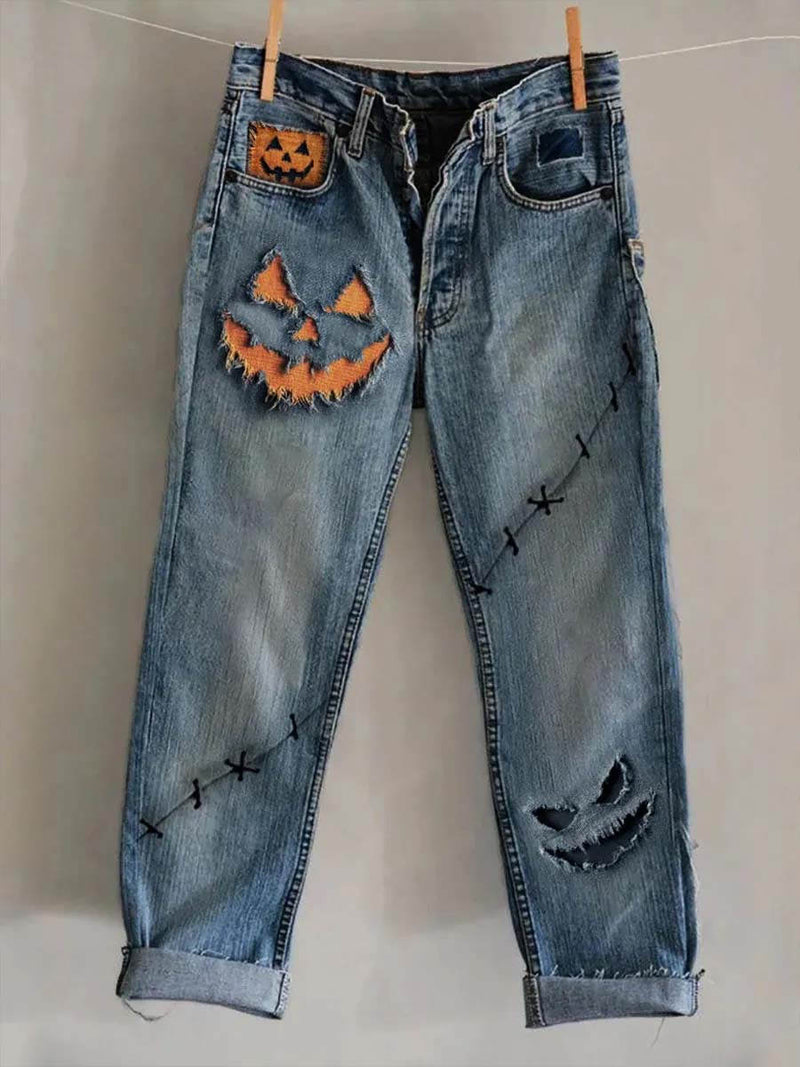 Women's Halloween Blue Pumpkin Print Mid Waist Ankle Length Pants