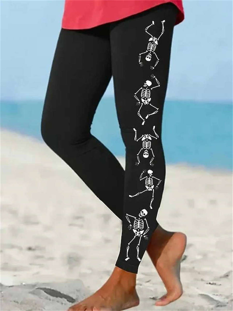 Women's Halloween Black Skeleton Print Elastic Waist Ankle Length Leggings