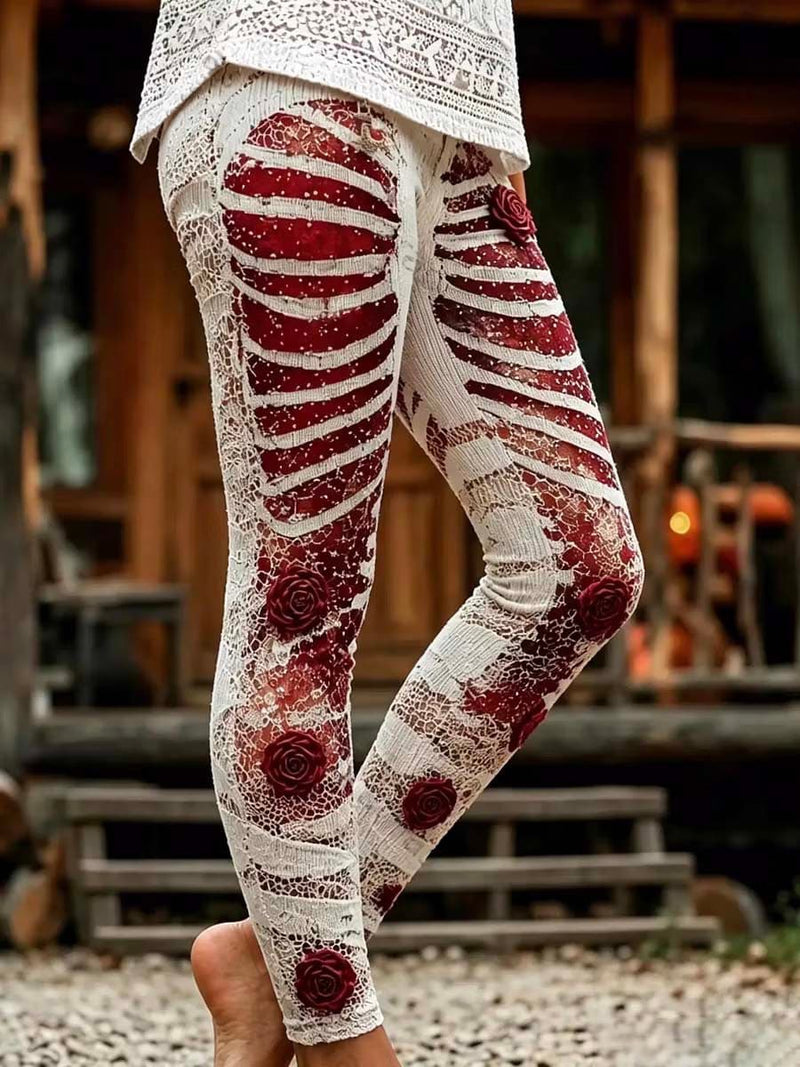 Women's Halloween Multi Rose Skull Print Elastic Waist Ankle Length Leggings